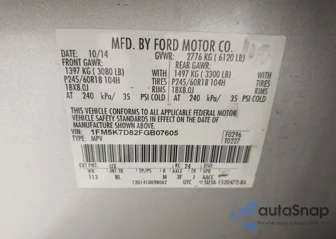 2015 Ford Explorer Xlt из США, поврежденный, VIN 1FM5K7D82FGB07605